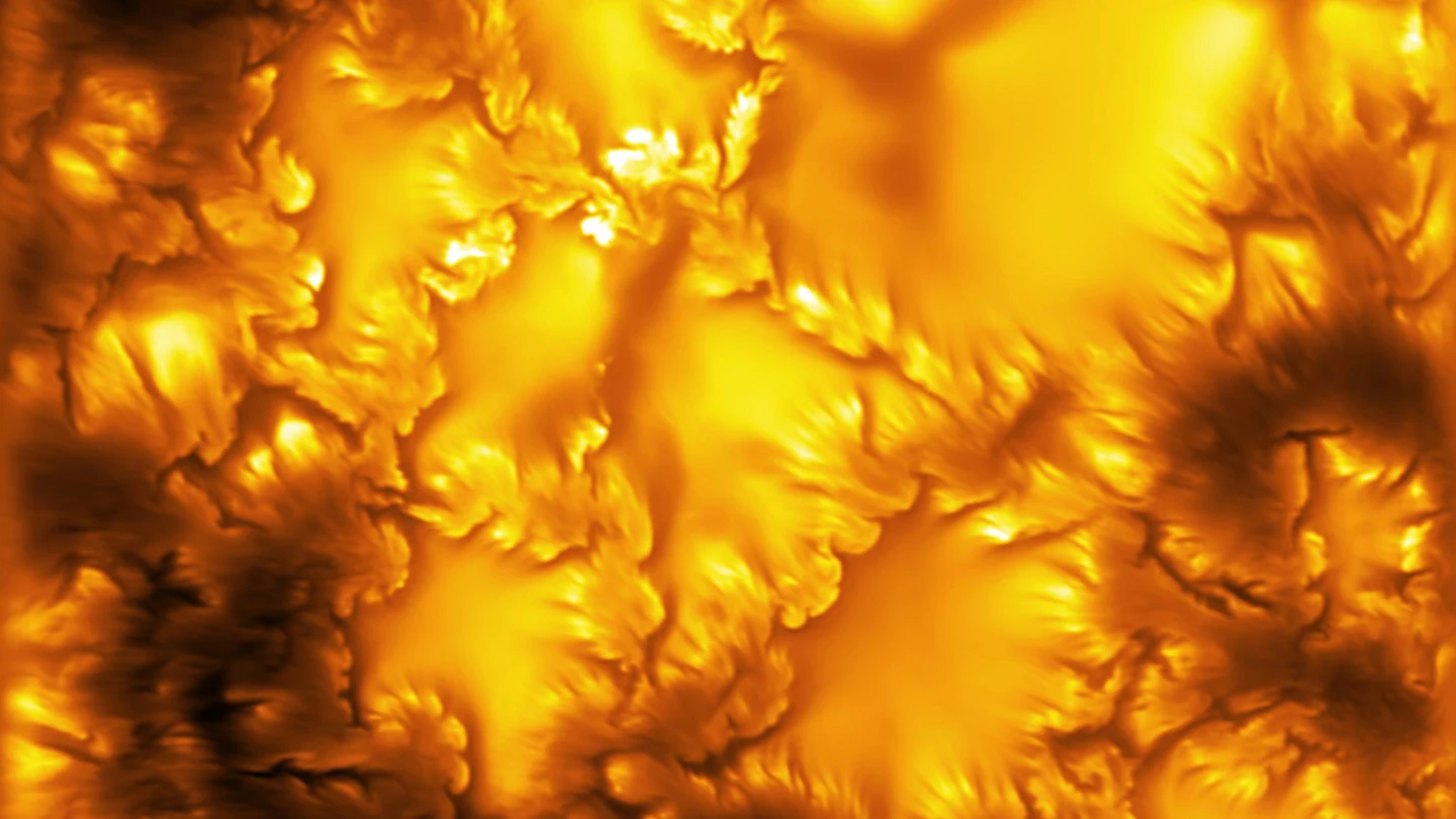 La imagen de mayor resolución jamás capturada de la superficie del Sol (fotosfera), tomada a 416 nm por el Telescopio Solar Inouye. Revela límites deformados de elementos magnéticos y franjas ultrafinas, ambos asociados con la inestabilidad de Kelvin-Helmholtz La imagen de mayor resolución jamás capturada de la superficie del Sol (fotosfera), tomada a 416 nm por el Telescopio Solar Inouye. Revela límites deformados de elementos magnéticos y franjas ultrafinas, ambos asociados con la inestabilidad de Kelvin-Helmholtz