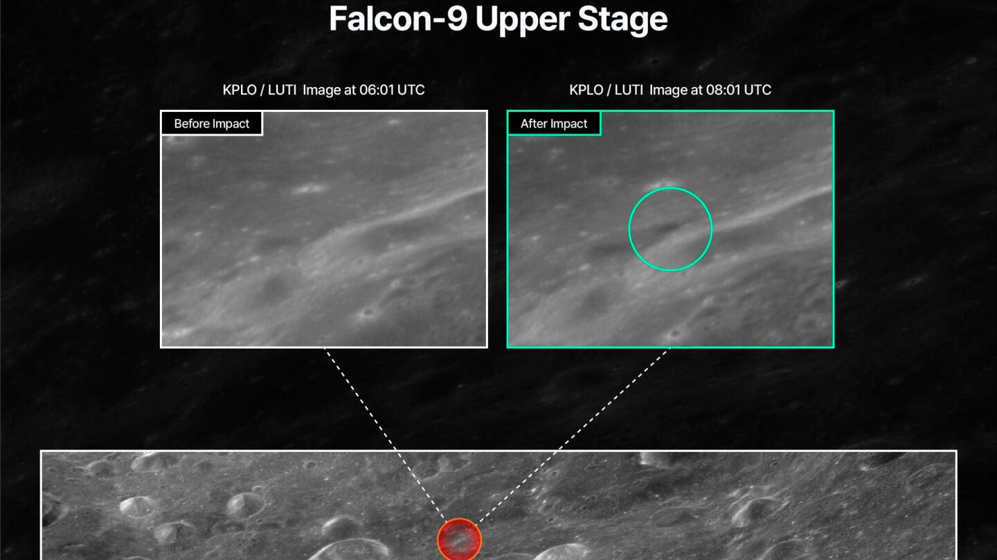 La agencia espacial de Corea del Sur capta con un satélite el antes y el después del impacto en la Luna de una etapa superior de un cohete de SpaceX.