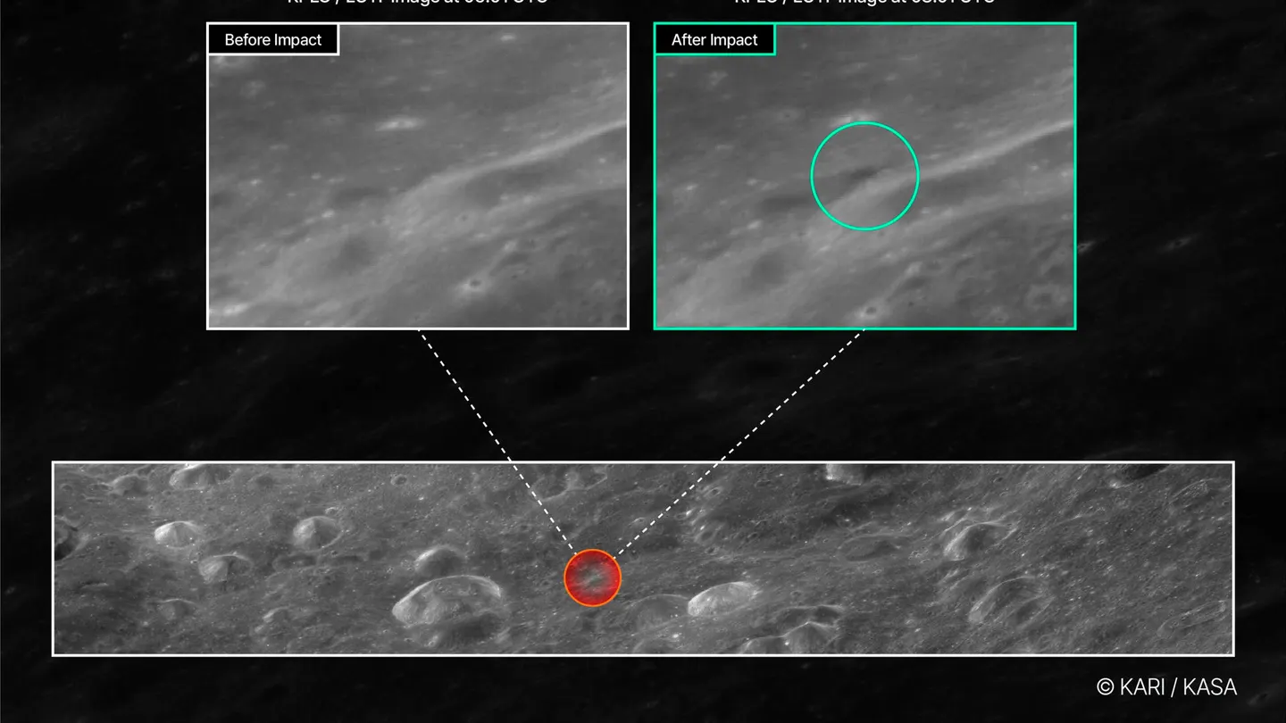 La agencia espacial de Corea del Sur capta con un satélite el antes y el después del impacto en la Luna de una etapa superior de un cohete de SpaceX. La agencia espacial de Corea del Sur capta con un satélite el antes y el después del impacto en la Luna de una etapa superior de un cohete de SpaceX.