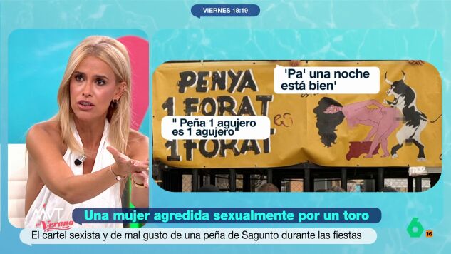 Una pe&ntilde;a taurina, bautizada como 'Un forat es un forat', ha utilizado un cartel en el que se puede ver la ilustraci&oacute;n de una mujer siendo agredida sexualmente por un toro. 