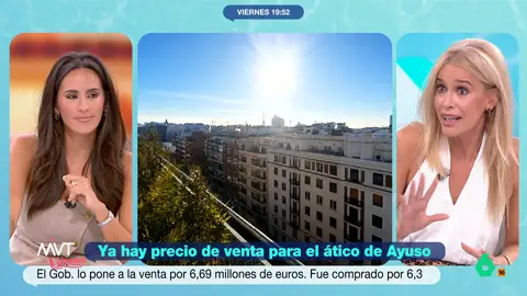 Afra Blanco considera que las explicaciones de Isabel Díaz Ayuso sobre el ático "son peores que la auténtica verdad" Ya se ha anunciado el precio al que la Comunidad de Madrid va a vender el 'ático secreto' de la presidenta: 6,69 millones de euros. Así, obtendrían un beneficio de casi 400.000 euros por su venta.
