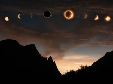 Secuencia de fases del eclipse solar capturadas sobre la dram&aacute;tica silueta de Lerdo, M&eacute;xico, al atardecer.