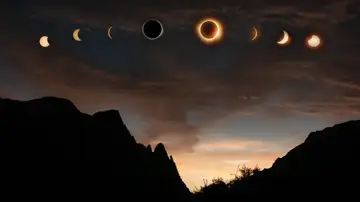 Secuencia de fases del eclipse solar capturadas sobre la dramática silueta de Lerdo, México, al atardecer. Secuencia de fases del eclipse solar capturadas sobre la dramática silueta de Lerdo, México, al atardecer.