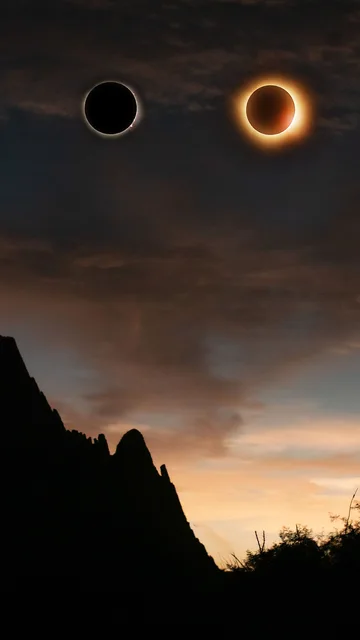 Secuencia de fases del eclipse solar capturadas sobre la dramática silueta de Lerdo, México, al atardecer. Secuencia de fases del eclipse solar capturadas sobre la dramática silueta de Lerdo, México, al atardecer.
