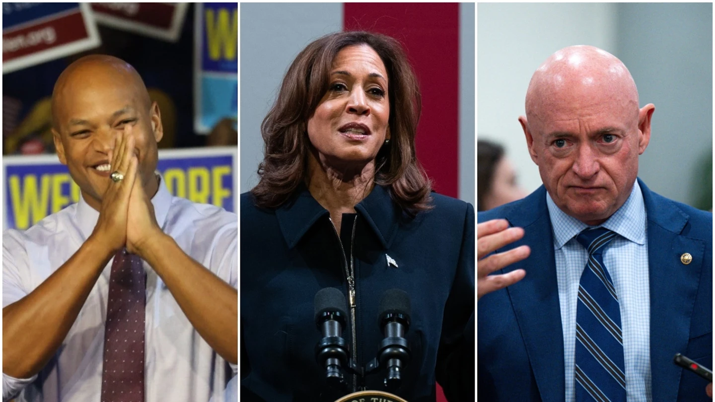 De izquierda a derecha: Wes Moore, Kamala Harris y Mark Kelly De izquierda a derecha: Wes Moore, Kamala Harris y Mark Kelly