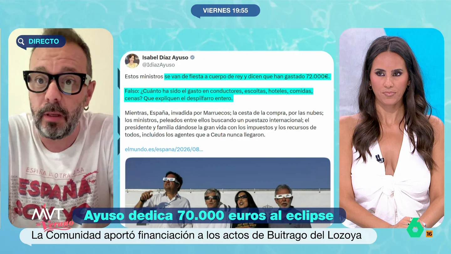 Antonio Maestre, sobre las quejas de Ayuso por el gasto del Gobierno para el eclipse: "Intenta que no miremos al ático" La presidenta madrileña considera este gasto superfluo cuando, como expone el periodista, "por cada gasto que ella considera prescindible, va a tener ella uno igual o peor en la Comunidad de Madrid".