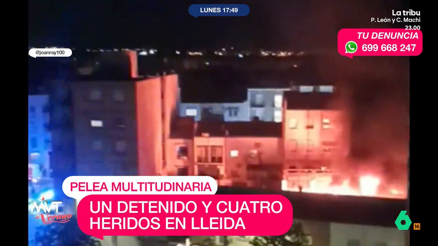 Cinco detenidos, cuatro de ellos menores, tras una batalla campal entre comerciantes y presuntos autores de robos en Lleida Los Mossos d'Esquadra y la Policía Local de Lleida han detenido a cinco personas, cuatro de ellas menores, a causa de la reyerta multitudinaria que enfrentó a comerciantes y presuntos autores de robos. Algunos de ellos portaban armas blancas.