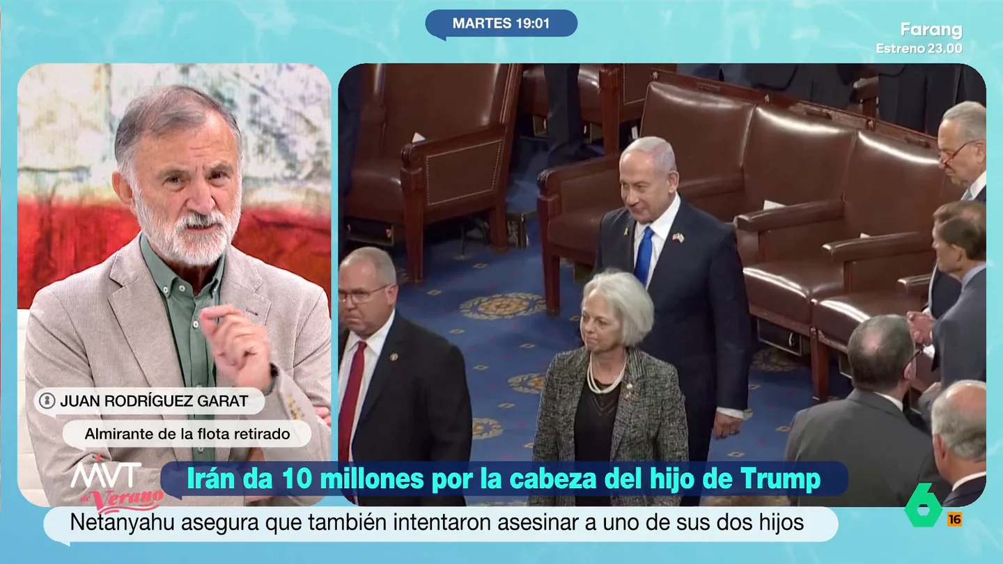 El almirante Juan Rodríguez Garat, sobre las amenazas de Irán: "Si tuviera la posibilidad de matar a Netanyahu, no dudaría" Mientras medios iraníes han ofrecido 10 millones por la cabeza del hijo de Donald Trump, Benjamin Netanyahu afirma que también intentaron asesinar a uno de sus hijos. El análisis del almirante Garat, en este vídeo.