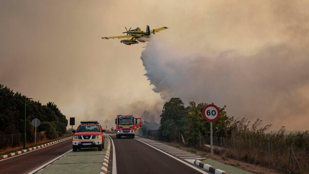 Un hidroavi&oacute;n realiza una descarga de agua sobre la carretera CV-500 ante el avance del incendio forestal declarado este jueves en la Gola de Pujol, dentro de la Devesa.