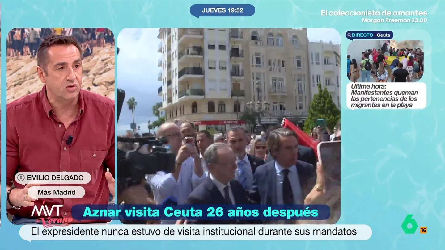 Emilio Delgado, tajante sobre la visita de Aznar a Ceuta: "Ha ido a hacer el ridículo, como hace siempre" Emilio Delgado se muestra muy crítico con la visita de Aznar a Ceuta, asegura que el expresidente "no ha ido a hablar de la crisis geopolítica" porque "no ha nombrado a Marruecos ni una sola vez".