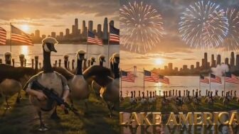 Un ej&eacute;rcito de patos con su caracter&iacute;stico peinado para 'proteger' el reci&eacute;n rebautizado Iago Am&eacute;rica: Trump vuelve a tirar de IA.