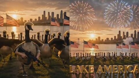 Un ej&eacute;rcito de patos con su caracter&iacute;stico peinado para 'proteger' el reci&eacute;n rebautizado Iago Am&eacute;rica: Trump vuelve a tirar de IA.
