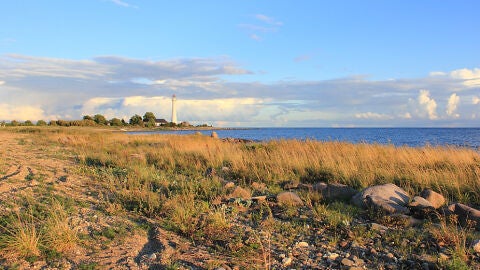 Panorámica costera de Kihnu con el faro al fondo