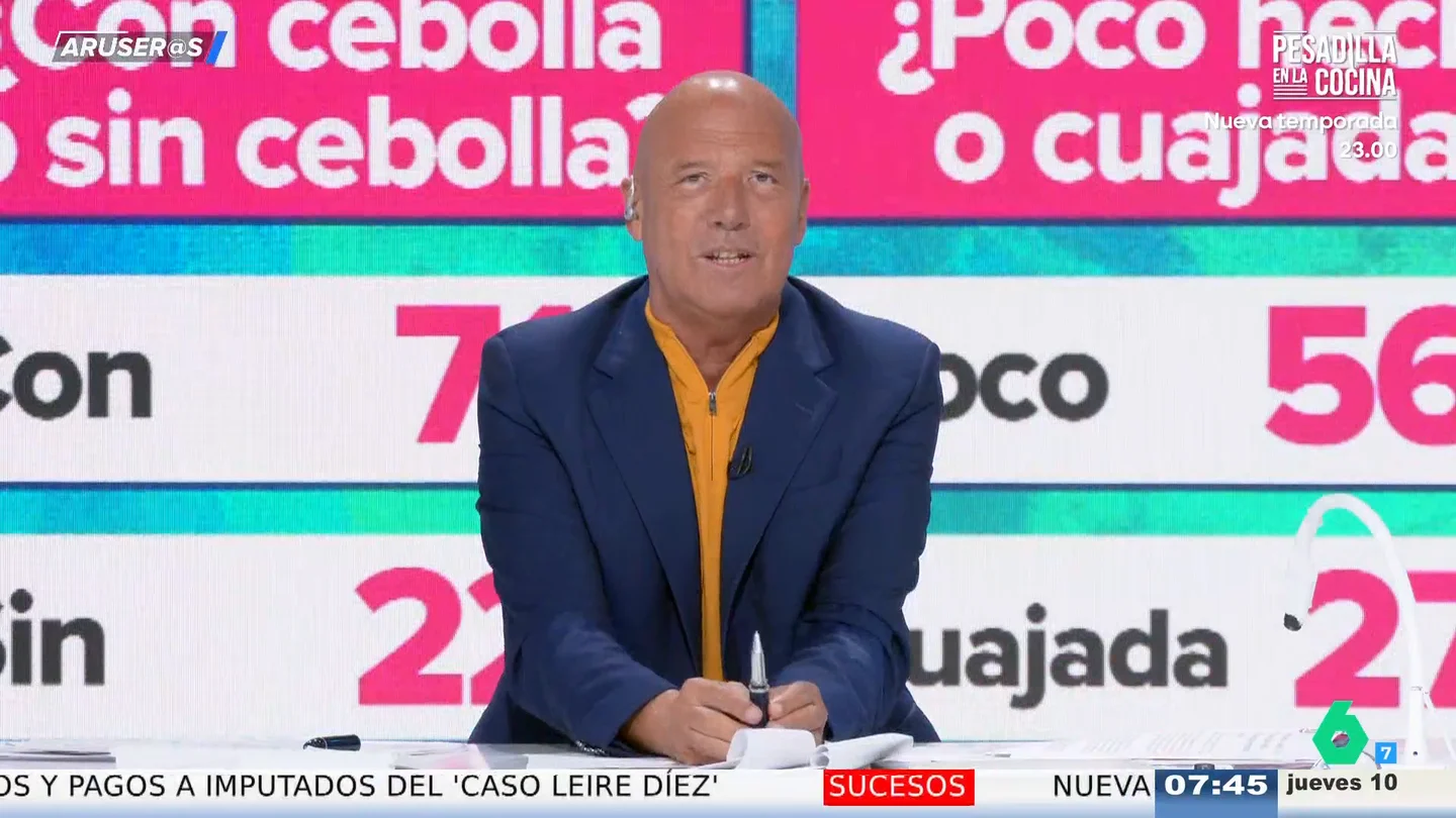 Alfonso Arús, indignado con el resultado del CIS sobre la tortilla de patata: "Los sin cebollistas hemos sido humillados" Alfonso Arús, indignado con el resultado del CIS sobre la tortilla de patata: "Los sin cebollistas hemos sido humillados"