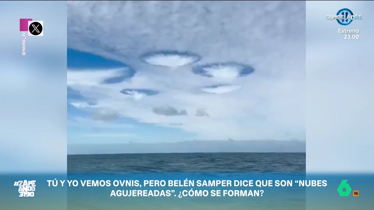 ¿Ovnis o nubes agujereadas? Belén Samper explica cómo se forman estas inquietantes formas en el cielo En Pensilvania se han visto unas extrañas formas nubosas donde cualquiera ve ovnis. Sin embargo, la meteoróloga Belén Samper ve lo que se llaman nubes agujereadas y explica en Zapeando cómo se forman.