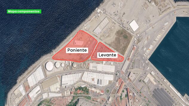 Mapa del campamento del puerto de Ceuta, que se divide entre los espacios de Poniente y de Levante