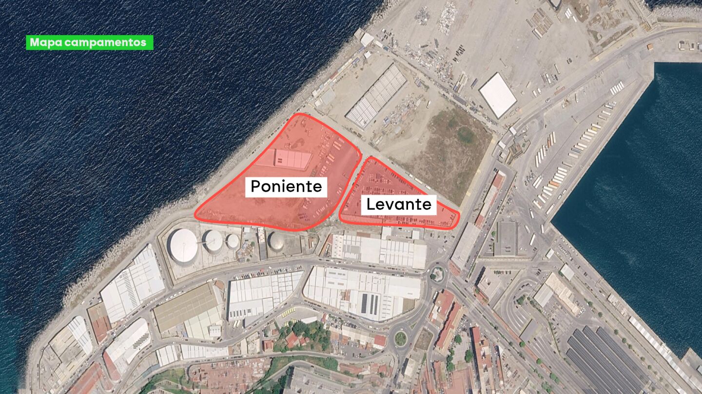 Mapa del campamento del puerto de Ceuta, que se divide entre los espacios de Poniente y de Levante