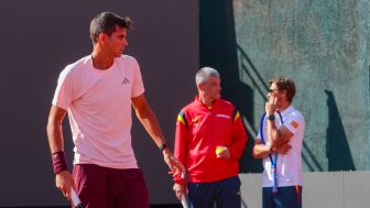 Rafa J&oacute;dar, en un entrenamiento de la Copa Davis