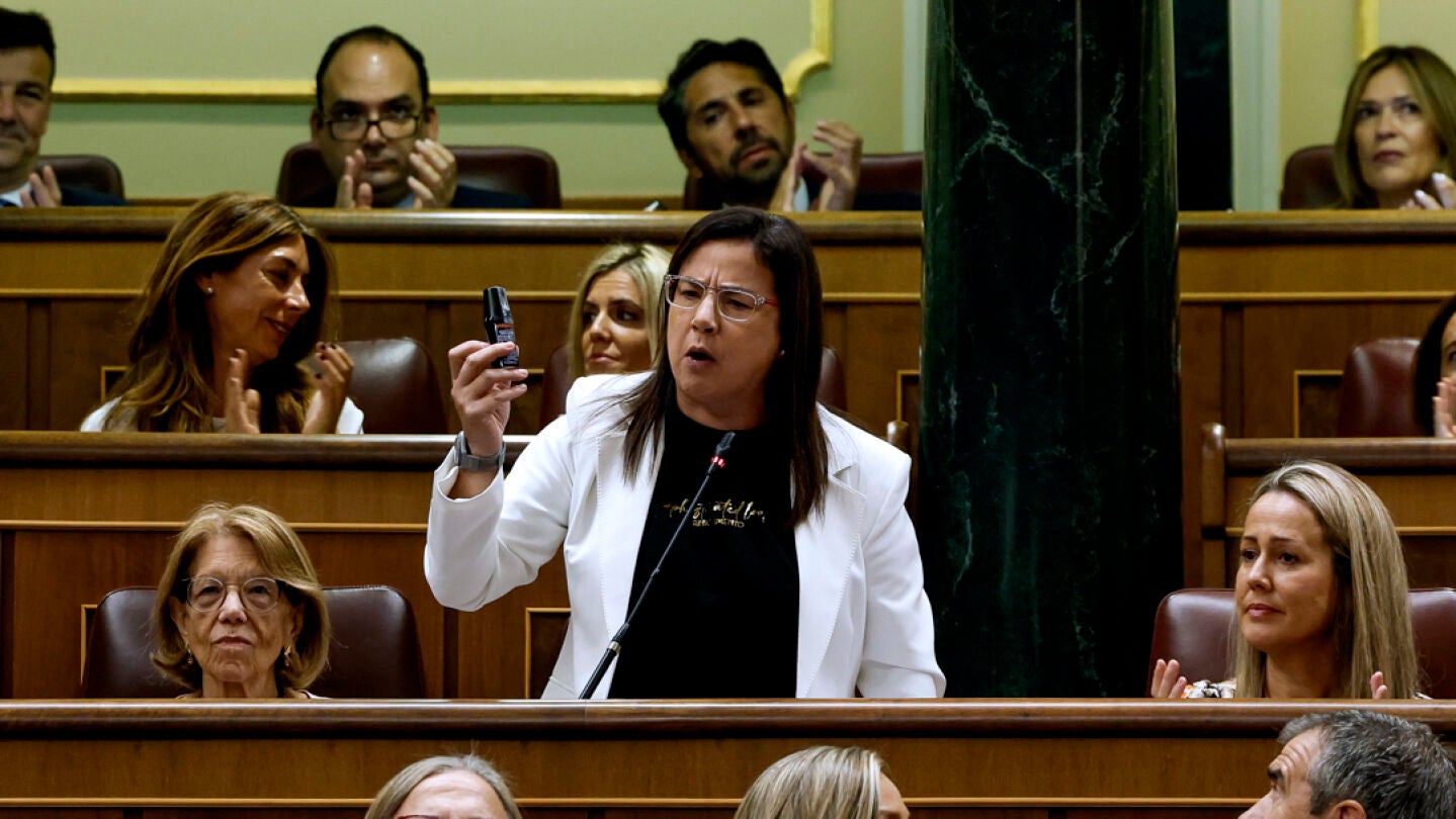 La diputada del PP Ana Bel&eacute;n V&aacute;zquez muestra un bote de gas pimienta este mi&eacute;rcoles en el Congreso. EFE/J.J. Guill&eacute;n