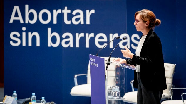 La ministra de Sanidad, M&oacute;nica Garc&iacute;a, interviene durante el acto &lsquo;Abortar sin barreras: del reconocimiento del derecho a la garant&iacute;a efectiva del acceso&rsquo;