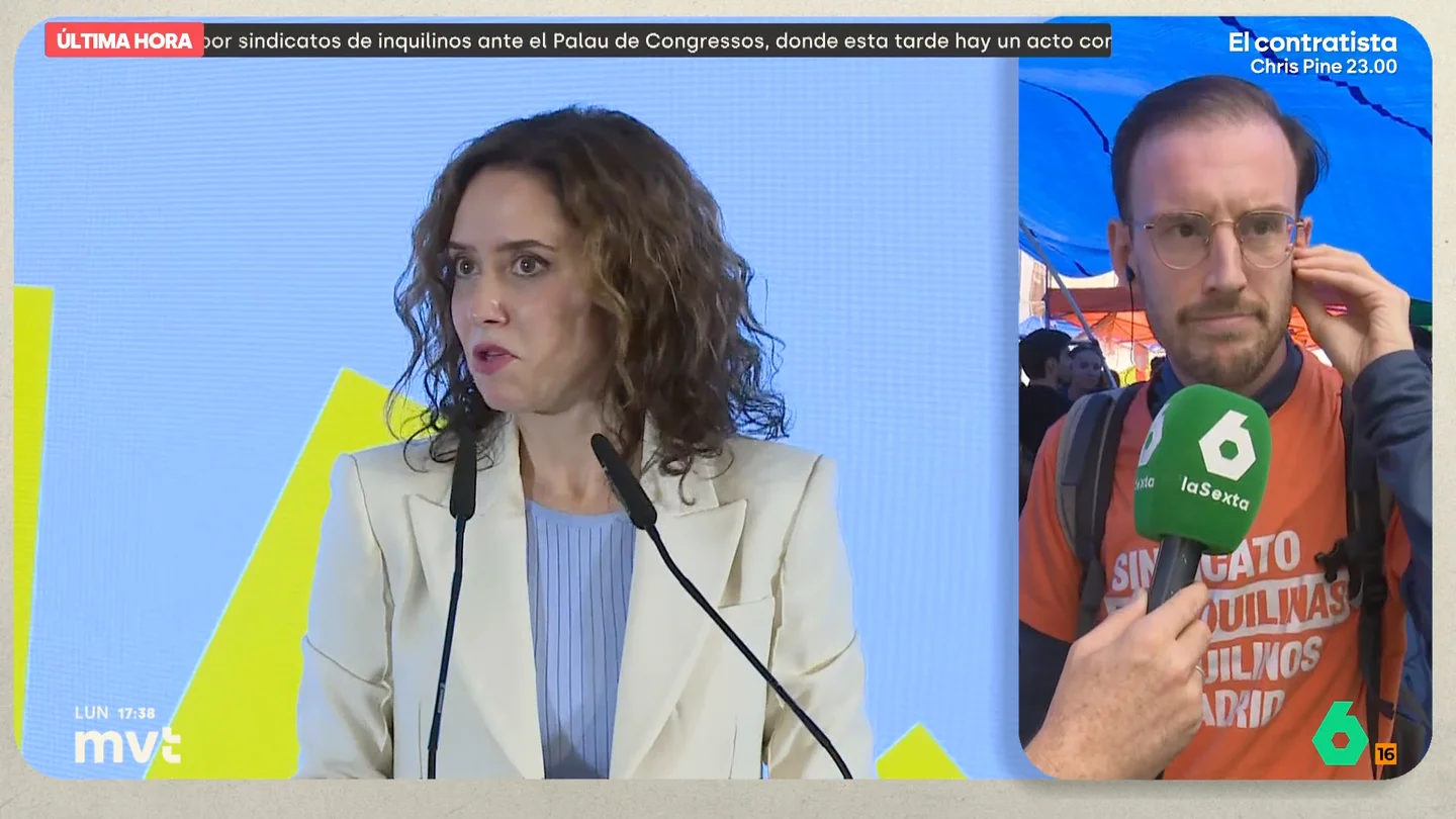 El Sindicato de Inquilinas responde a Ayuso: "Tiene gracia que hable como inquilina cuando todos sabemos que vive en un piso pagado por Quirón" Fernando de los Santos, portavoz del Sindicato de Inquilinas, manda un mensaje a Almeida y Ayuso: "Que no se preocupen tanto de la gente que se está dejando el 60-70 por ciento de su sueldo para sus caseros y más de atacar a aquellos que están vaciando nuestros barrios".