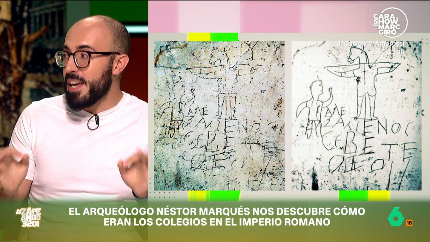 N&eacute;stor Marqu&eacute;s explica c&oacute;mo un dibujo de Cristo crucificado en lo que pudo ser la escuela del palacio imperial, el m&aacute;s antiguo que existe, se hizo para burlarse de un estudiante que podr&iacute;a ser cristiano.