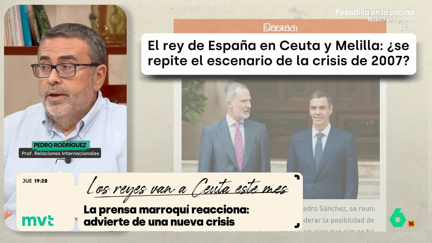 Pedro Rodríguez, sobre la visita de Felipe VI y Letizia a Ceuta y Melilla: "Hay que empezar a trazar unos límites a Marruecos" Pedro Rodríguez, profesor de Relaciones Internacionales, reflexiona sobre la reacción de Marruecos al anuncio de la visita de los reyes Felipe VI y Letizia a Ceuta y Melilla y recuerda que "forma parte de nuestra soberanía nacional".