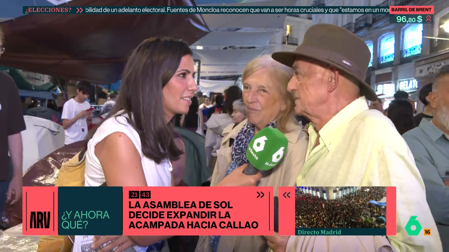 Reyes y Diego, dos veteranos en la acampada de Sol: "Es un despertar, estaba todo demasiado dormido estando tan mal las cosas" Desde la acampada de Sol, Ana Pastor habla con un matrimonio de veteranos, Reyes y Diego, que expresan su apoyo a las reivindicaciones por la vivienda: "Tenemos hijos y sobrinos y para los jóvenes es un problema muy gordo".