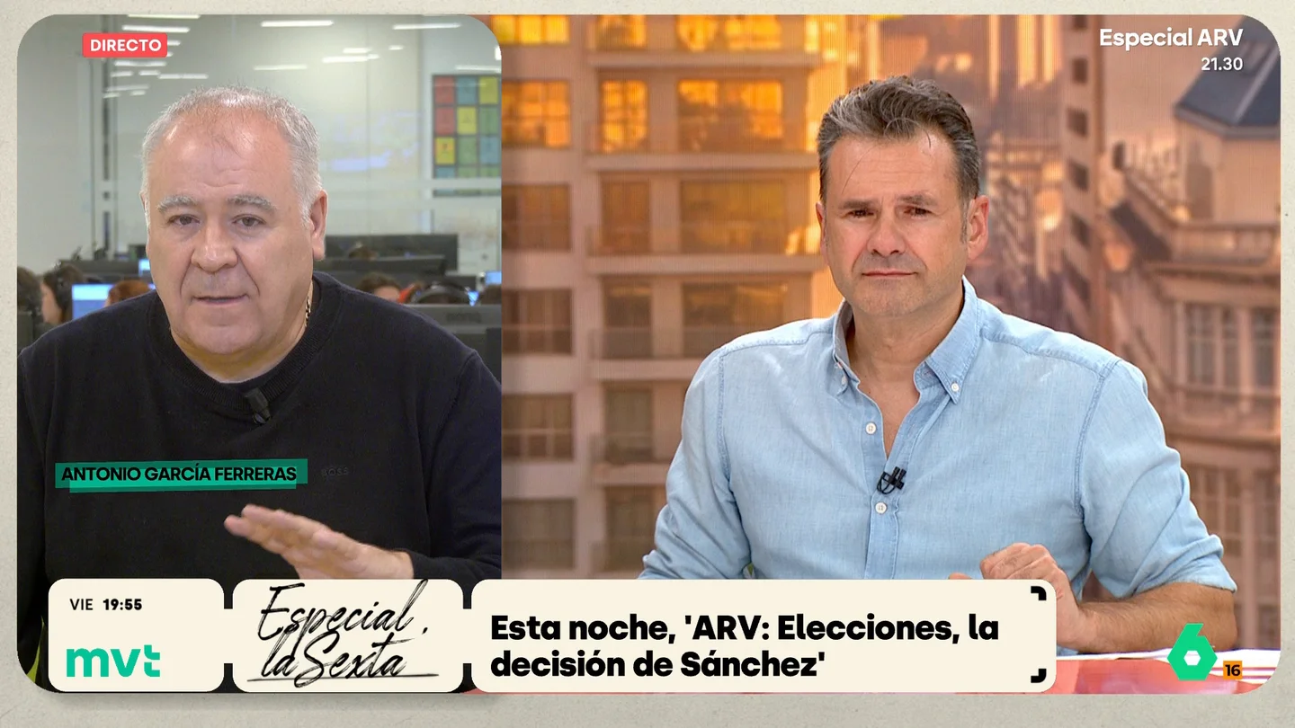 Ferreras se 'moja' sobre si habrá adelanto electoral: "Si tuviera que apostar, se queda" Antes del especial de 'Al Rojo Vivo', Antonio García Ferreras analiza con Iñaki López las posibilidades de que Pedro Sánchez convoque, o no, elecciones anticipadas, así como la situación a la izquierda del PSOE o la influencia del Sindicato de Inquilinas.