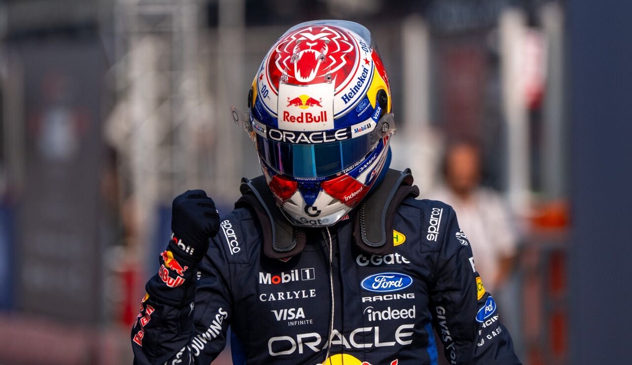 Max Verstappen celebrando su pole en el GP de Bar&eacute;in