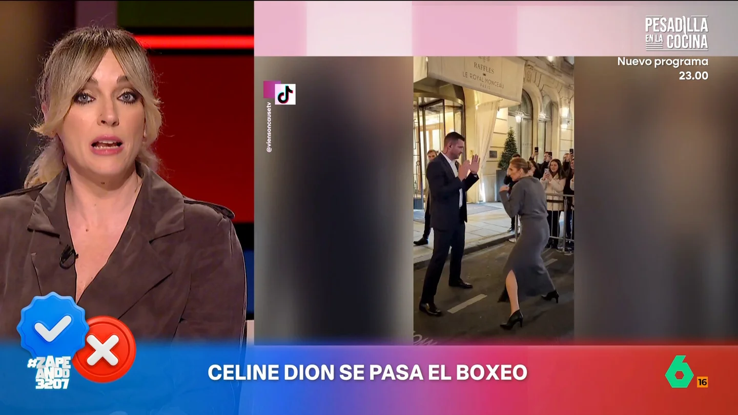 Celine Dion boxeando en plena calle, ¿realidad o fake? Anna Simon pone a prueba la perspicacia de los zapeadores Anna Simon propone a Dani Mateo, Iñaki Urrutia, Isabel Forner, María Gómez y Miki Nadal acertar qué vídeo es realidad y cual está generado por la inteligencia artificial: ¿Celine Dion boxeando o un influencer inflando un colchón hinchable hasta explotarlo?