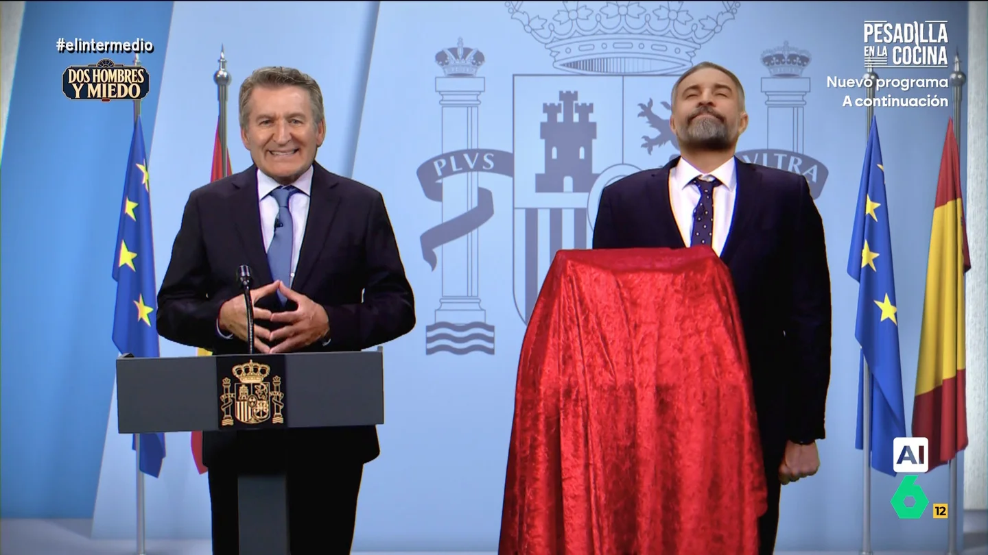 'Dos hombres y miedo' con 'Abascal' y 'Feijóo': así imagina El Intermedio un hipotético Gobierno de PP y Vox 'Dos hombres y miedo' con 'Abascal' y 'Feijóo': así imagina El Intermedio un hipotético Gobierno de PP y Vox