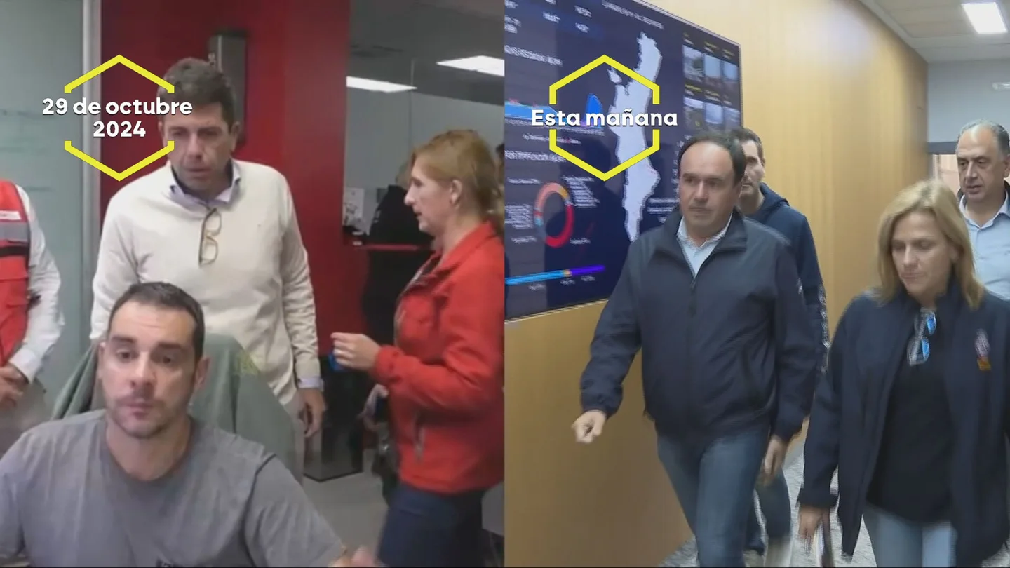 Carlos Mazón el día de la DANA y Juanfran Pérez Llorca este lunes. Carlos Mazón el día de la DANA y Juanfran Pérez Llorca este lunes.