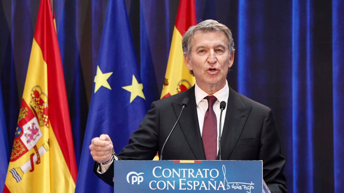 El presidente del PP, Alberto N&uacute;&ntilde;ez Feij&oacute;o, este lunes durante un acto celebrado en Madrid.