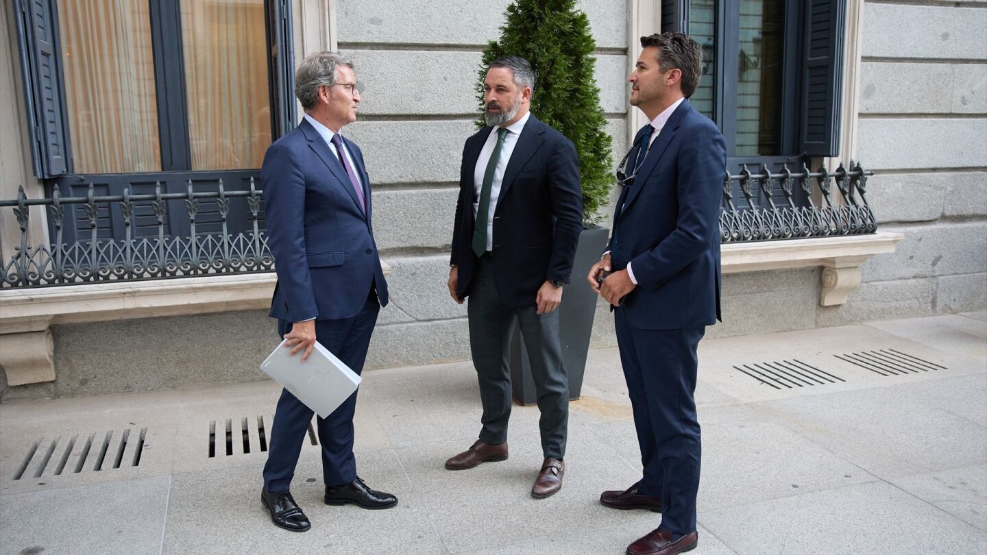 Alberto N&uacute;&ntilde;ez Feij&oacute;o y Santiago Abascal en el patio del Congreso
