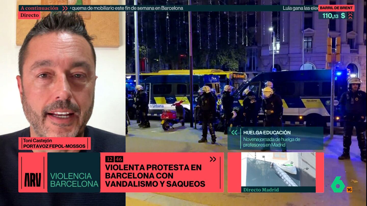 Toni Castej&oacute;n, portavoz de FEPOL-Mossos, sobre los altercados en Barcelona: "Su objetivo era el saqueo, no hab&iacute;a consignas pol&iacute;ticas"