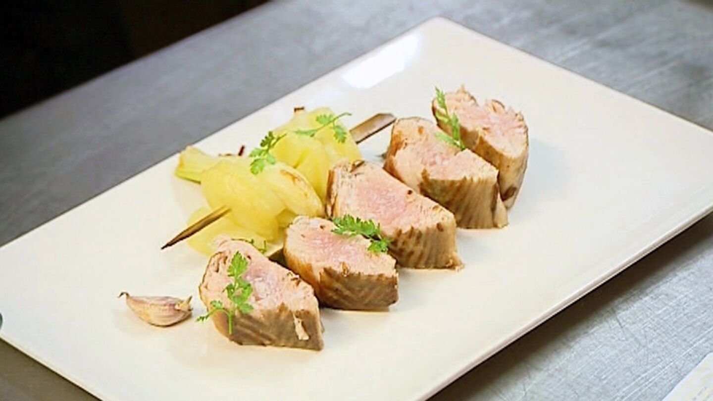 Bacoretas con brochetas de patata y cebolla