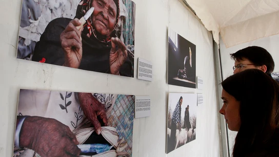 Dos personas observan una exposición contra la ablación. Dos personas observan una exposición contra la ablación.