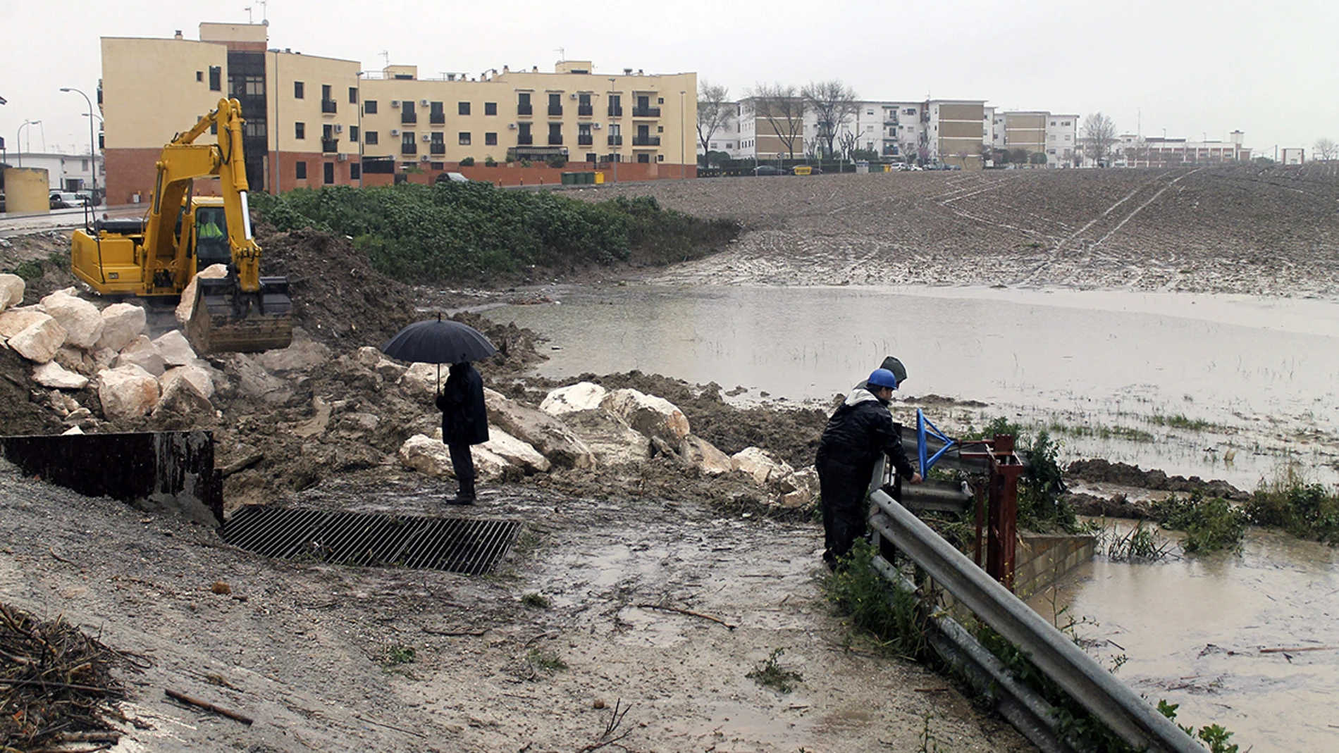Una excavadora mueve tierra para levantar un dique.