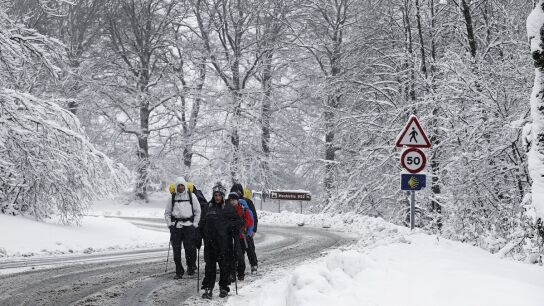 El alto de Mezquiriz, en Navarra, en pleno temporal de fr&iacute;o y nieve.