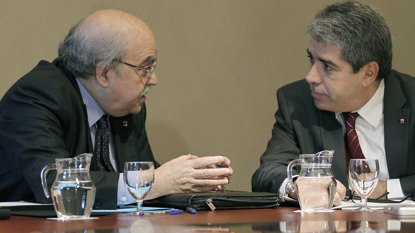 Los consellers de Econom&iacute;a, Andreu Mas-Colell, y de Presidencia, Francesc Homs.