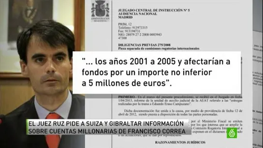 El juez Ruz pide a Suiza y Gibraltar información sobre las cuentas millonarias de Correa El juez Ruz pide a Suiza y Gibraltar información sobre las cuentas millonarias de Correa
