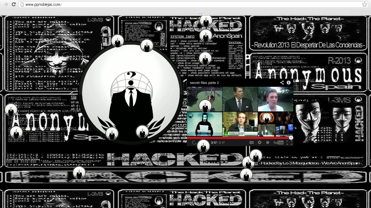 Captura de la hackeada web del PP de Noblejas, donde se anuncia la campaña #opsecretfiles2 Captura de la hackeada web del PP de Noblejas, donde se anuncia la campaña #opsecretfiles2
