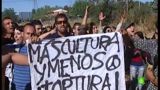 Grupo de personas protestan contra el Toro de la Vega