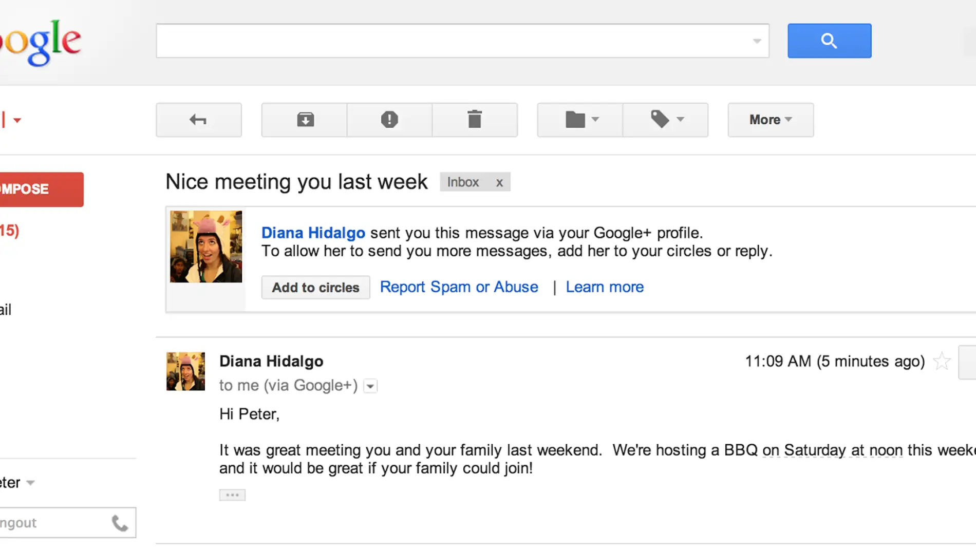 Aspecto de la bandeja de Gmail con Google+ integrado