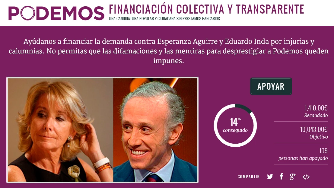 Podemos crea un crowfunding para financiar la demanda contra Aguirre e Inda Podemos crea un crowfunding para financiar la demanda contra Aguirre e Inda