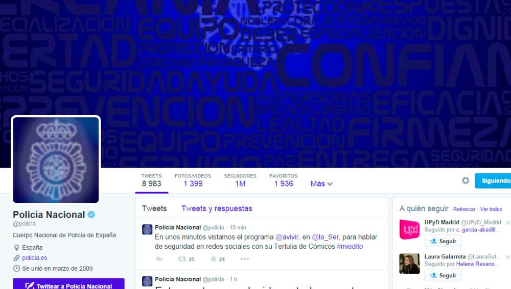 La Policía Nacional alcanza el millón de seguidores en Twitter