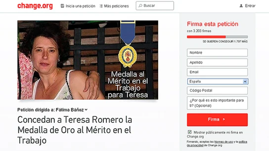 La petición para conceder la Medalla al Mérito en el Trabajo para Teresa Romero La petición para conceder la Medalla al Mérito en el Trabajo para Teresa Romero