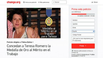 La petición para conceder la Medalla al Mérito en el Trabajo para Teresa Romero