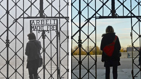 Dos imágenes de la puerta de Dachau antes y después del robo Dos imágenes de la puerta de Dachau antes y después del robo